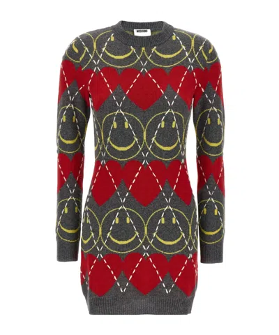 Moschino Crew Neck Long Sleeve Graphic Dress In Multi