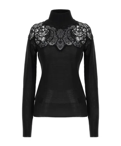 Ermanno Scervino Sheer Turtleneck Lace Sweater With Long Sleeves In Black