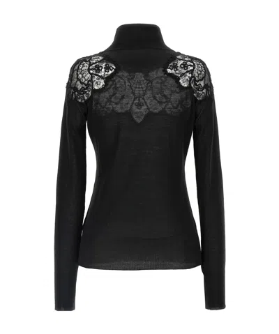 Ermanno Scervino Sheer Turtleneck Lace Sweater With Long Sleeves In Black