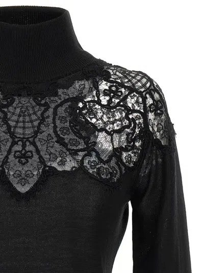 Ermanno Scervino Sheer Turtleneck Lace Sweater With Long Sleeves In Black