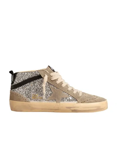 Golden Goose Mid Star In Silver Glitter With Suede Star And Black Flash