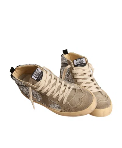 Golden Goose Mid Star In Silver Glitter With Suede Star And Black Flash