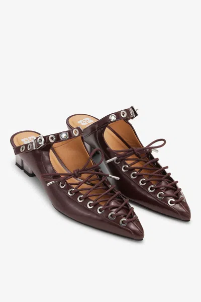 Ganni Lace-up Oleatex Mules In Brown
