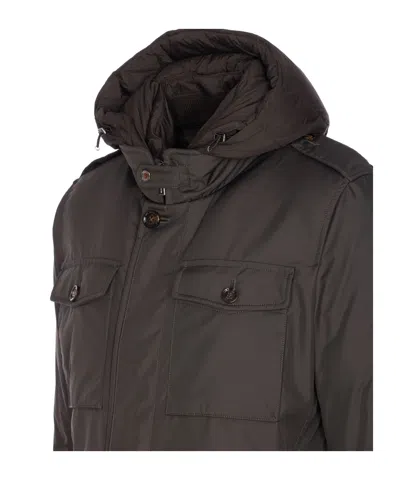 Moorer Long Sleeve Hooded Padded Jacket With Pockets In Brown
