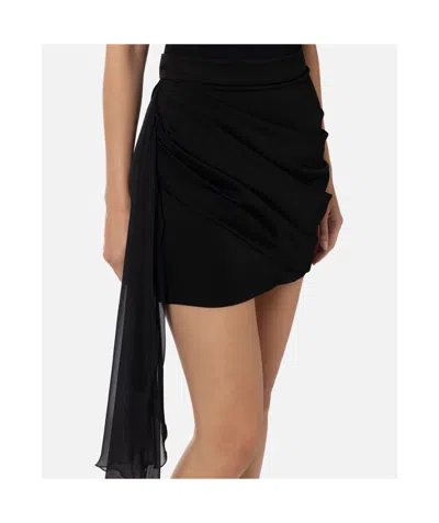 Elisabetta Franchi Miniskirt In Satin And Voile Fabric With Sash Belt In Black