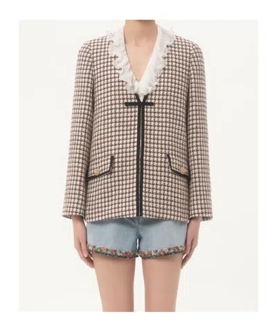 Valentino Houndstooth Tie-detail Blazer In Brown