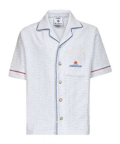 Casablanca Short Sleeved Shirt In Jacquard Cotton Blend Terry Cloth With White Monogram Men In Blue