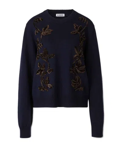 Jil Sander Wool Sweater With Floral Pattern In Blue