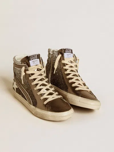 Golden Goose Slide In Black And Silver Glitter With Leather Star And Metallic Flash