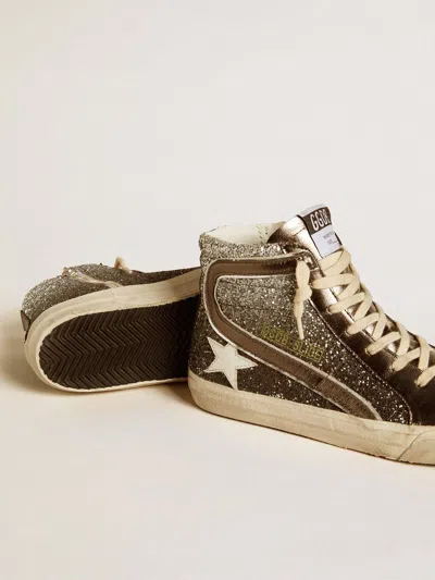 Golden Goose Slide In Black And Silver Glitter With Leather Star And Metallic Flash