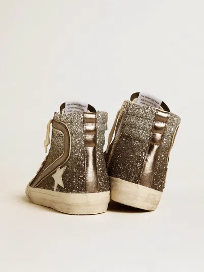Golden Goose Slide In Black And Silver Glitter With Leather Star And Metallic Flash