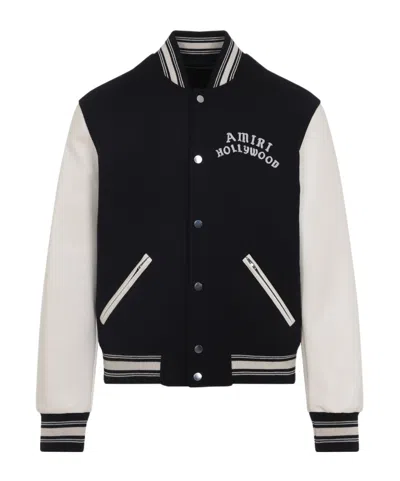 Amiri Mens Hollywood Embroidered-text Wool-leather Blend Bomber Jacket Black Xl In Black