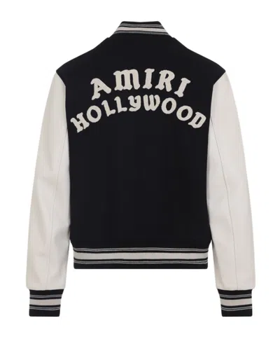 Amiri Mens Hollywood Embroidered-text Wool-leather Blend Bomber Jacket Black Xl In Black