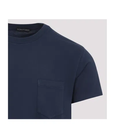Tom Ford Indigo Blue Cotton T-shirt With Chest Pocket And Crew Neck