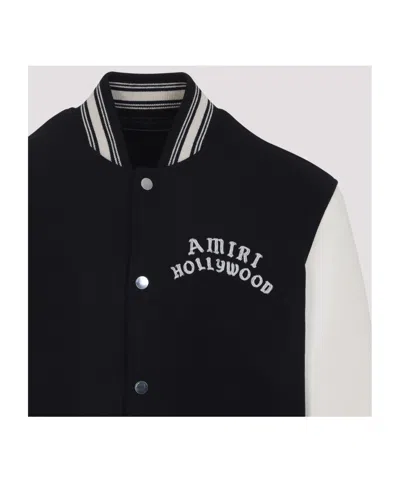 Amiri Mens Hollywood Embroidered-text Wool-leather Blend Bomber Jacket Black Xl In Black