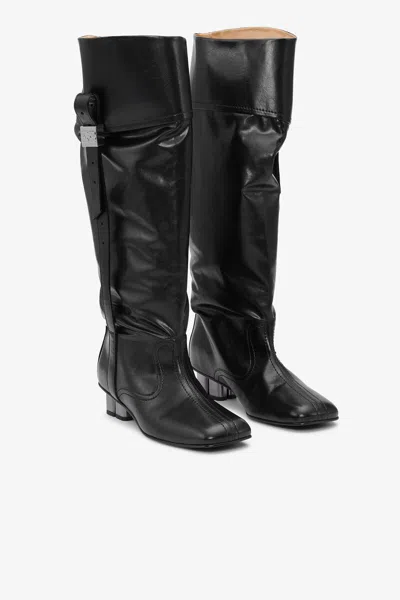 Ganni Butterfly Buckle Knee-high Slouchy Boots In Black