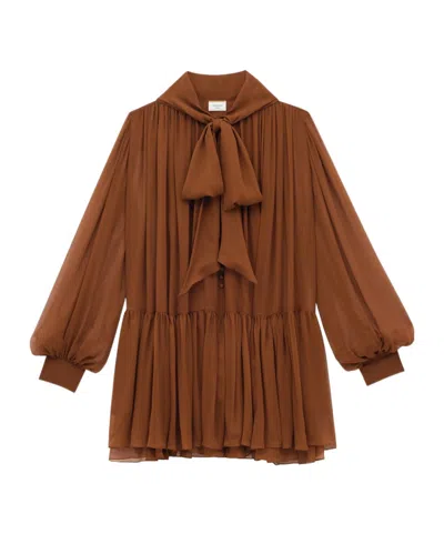 Saint Laurent Lavallière Dress In Silk Crepe Muslin In Brown