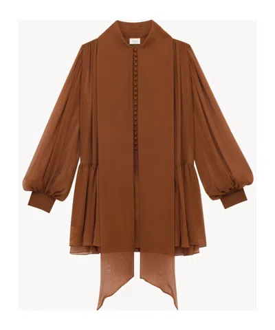 Saint Laurent Lavallière Dress In Silk Crepe Muslin In Brown