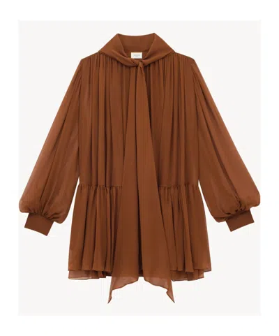 Saint Laurent Lavallière Dress In Silk Crepe Muslin In Brown