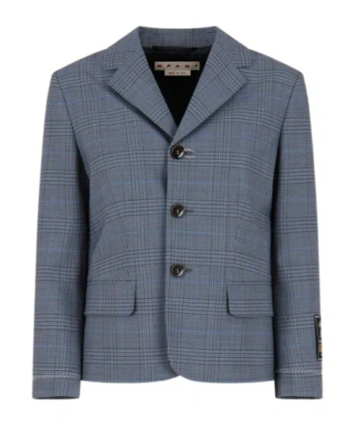 Marni Blue Wool Cropped Jacket With Prince Of Wales Check In Blue