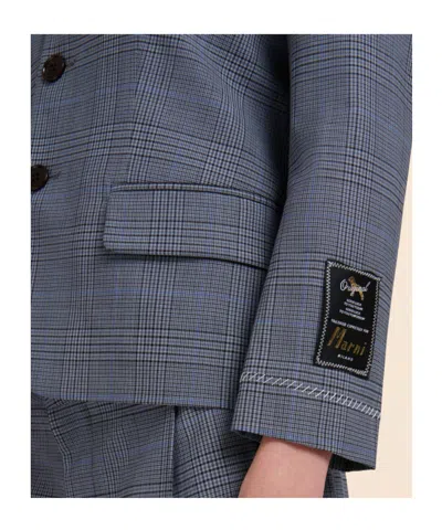 Marni Blue Wool Cropped Jacket With Prince Of Wales Check In Blue