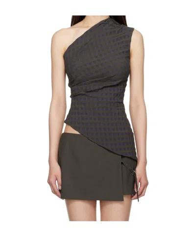 Paloma Wool Win Asymmetric Gingham Seersucker One-shoulder Top In Brown