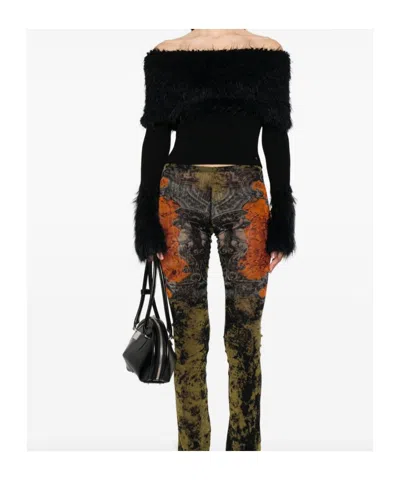 Jean Paul Gaultier Knitwear With Off-the-shoulder Design And Faux Fur Trim In Black