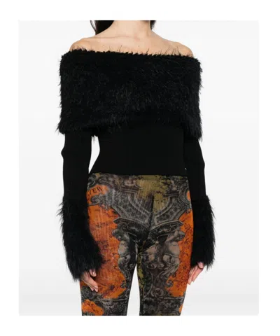Jean Paul Gaultier Knitwear With Off-the-shoulder Design And Faux Fur Trim In Black