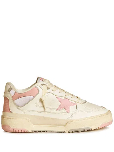 Golden Goose Forty2 Distressed Finish Leather And Fabric Sneakers With Pink Star In Neutral