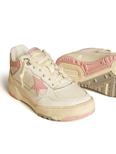 Golden Goose Forty2 Distressed Finish Leather And Fabric Sneakers With Pink Star In Neutral