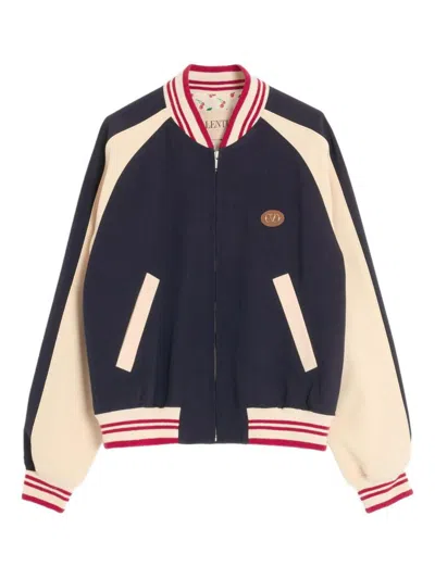 Valentino Sporty Bomber Jacket With Embroidered Details In Blue