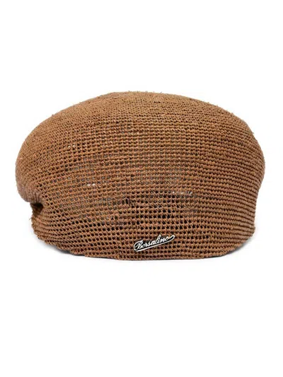 Borsalino Rafia Crochet Flat Beret Hat In Brown