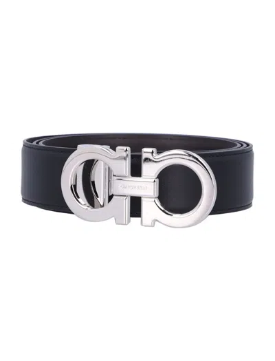 Ferragamo Reversible Belt With Polished Gancini Buckle In Black