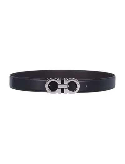 Ferragamo Reversible Belt With Polished Gancini Buckle In Black