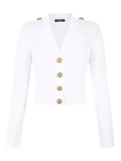 Balmain V-neck Cable Knit Cardigan With Gold-tone Buttons In White