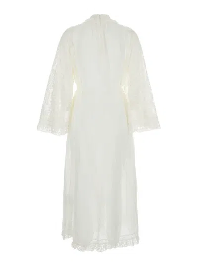 Zimmermann Ascension Lace Yoke White Midi Dress With Lace Embellishment And Stand-up Collar In Ramie Woman In Neutral