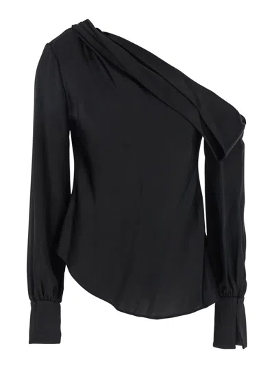 Simkhai 'alice' Black One-shoulder Top With Asymmetric Neckline And Cut-out Cuffs