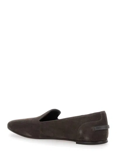 Brunello Cucinelli Grey Loafers With Monil Detail On The Rear