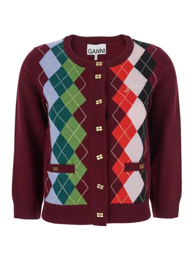 Ganni Womens Tawny Port Rhombus-print Round-neck Wool And Cashmere Cardigan Xl