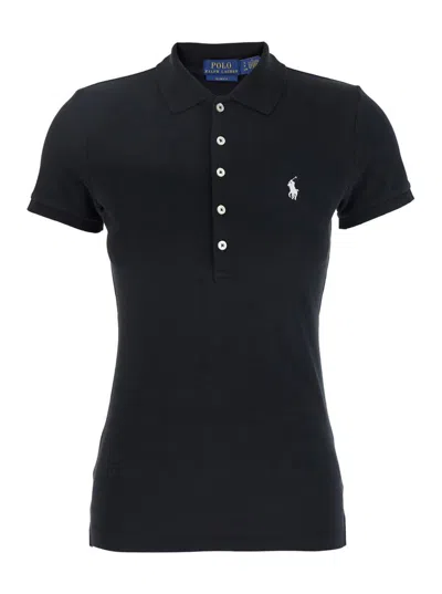 Polo Ralph Lauren 'julie' Black Polo Shirt With Classic Collar And Pony Embroidery On The Front In Cotton Stretch Woma In Black