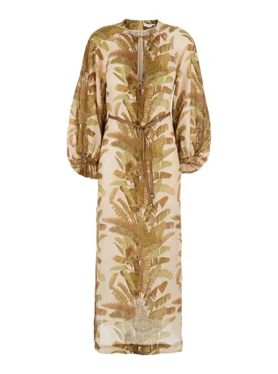 Zimmermann Ascension Brown Dress With Puffed Sleeves And All-over Palm Print In Linen Woman In Multi