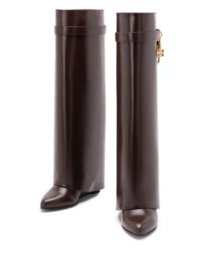 Givenchy Shark Lock Embellished Glossed-leather Knee Boots In Brown