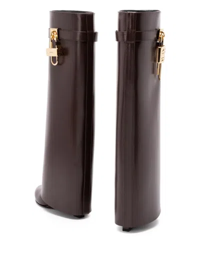 Givenchy Shark Lock Embellished Glossed-leather Knee Boots In Brown