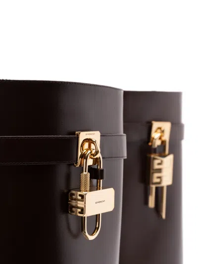 Givenchy Shark Lock Embellished Glossed-leather Knee Boots In Brown