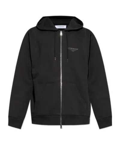 Givenchy Logo Stamp Zip-up Hooded Sweatshirt In Black