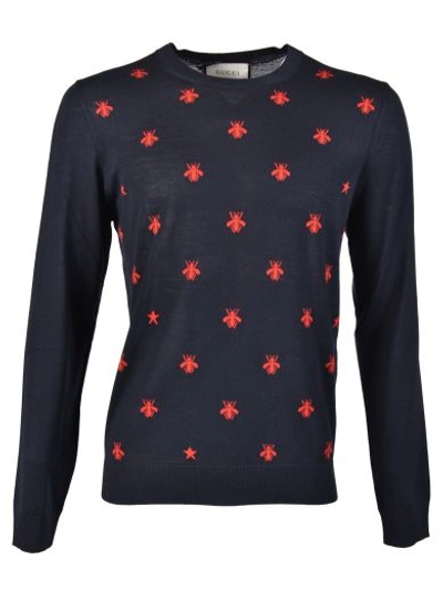 Shop Gucci Bee Intarsia Sweater In Blu Rosso