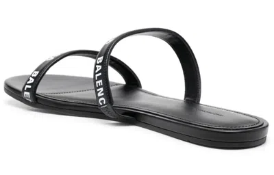 Balenciaga Logo Lettering Leather Flat Sandals In Black White