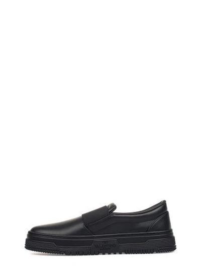 Shop Valentino Black Leather Slip On Sneakers