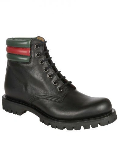 Shop Gucci Black Lace-up Ankle Boots In Black/green/red