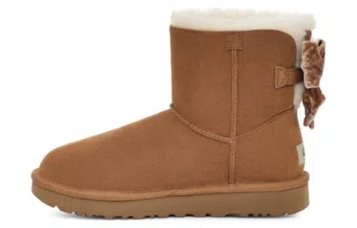 Ugg Camel Suede Mini Bailey Bow Ankle Boots In Brown